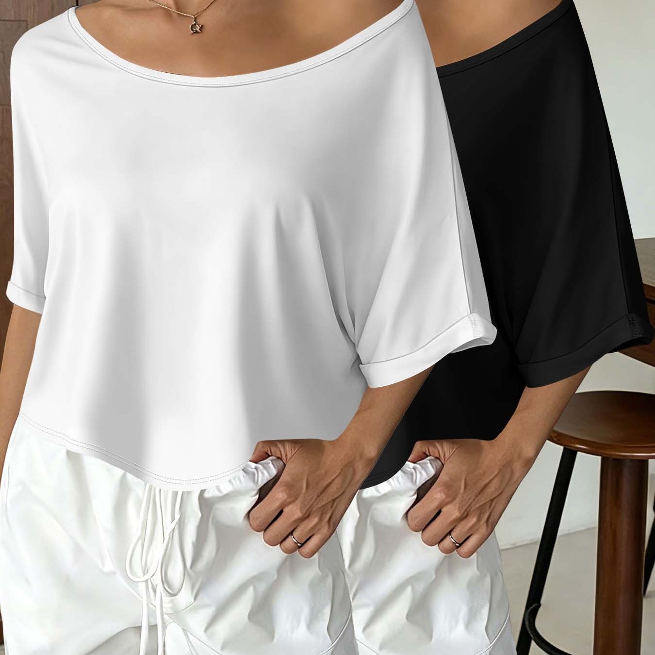 TEMU Women' Color T-shirt With Slanted Shoulder, Short Style, Worn Inside Or Outside, And Casual Top, 2pcs