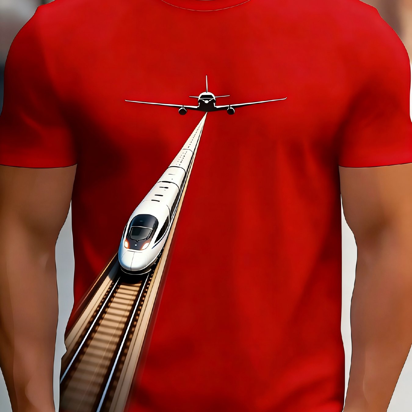 TEMU Men's Train And Airplane Creative Print Short-sleeve T-shirt, Casual And Versatile , Perfect For Daily Commuting, Cool And Comfortable, An Ideal
