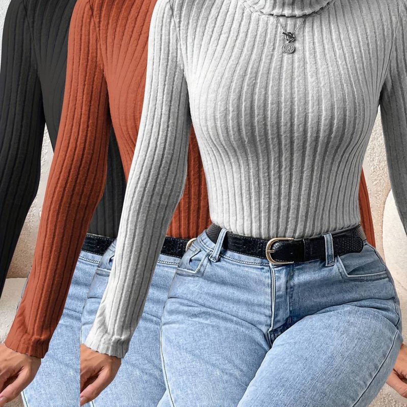 TEMU Western Autumn Winter Solid Color Neck Tight Top 3pcs Set