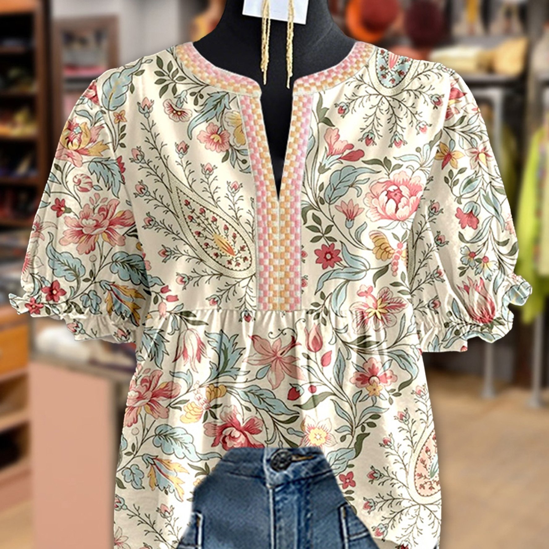 TEMU Cherrybetty Womens Floral Paisley Print Babydoll Top | Boho Notch Neck Puff Sleeve Peplum Blouse | Tops Women High Quality | Bohemian Hippie