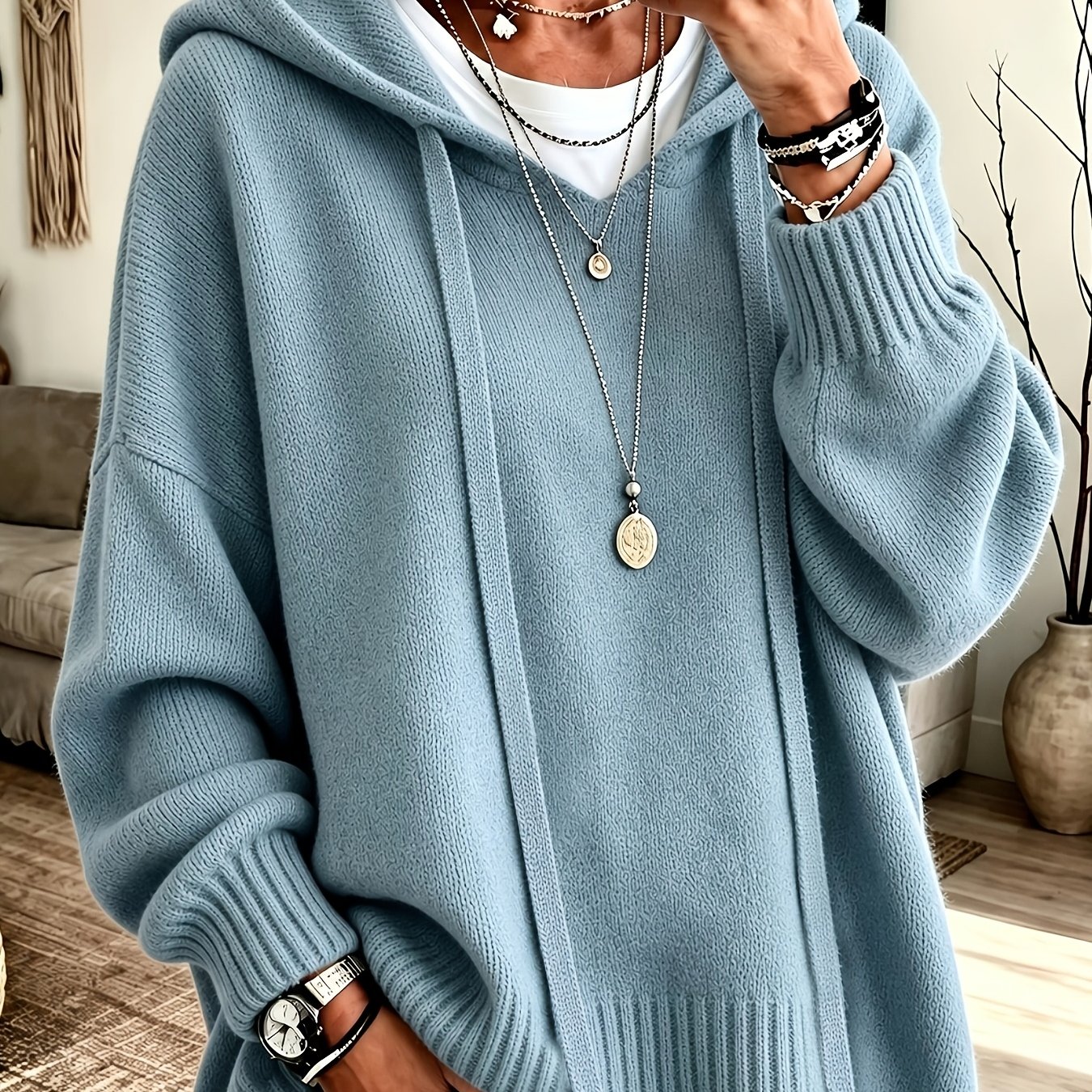 TEMU Korean-style Loose Fit Casual Hooded Sweatshirt, Autumn/winter Solid Color Simple Versatile Drop Shoulder Lantern Sleeve Hoodie, 2026 Women's