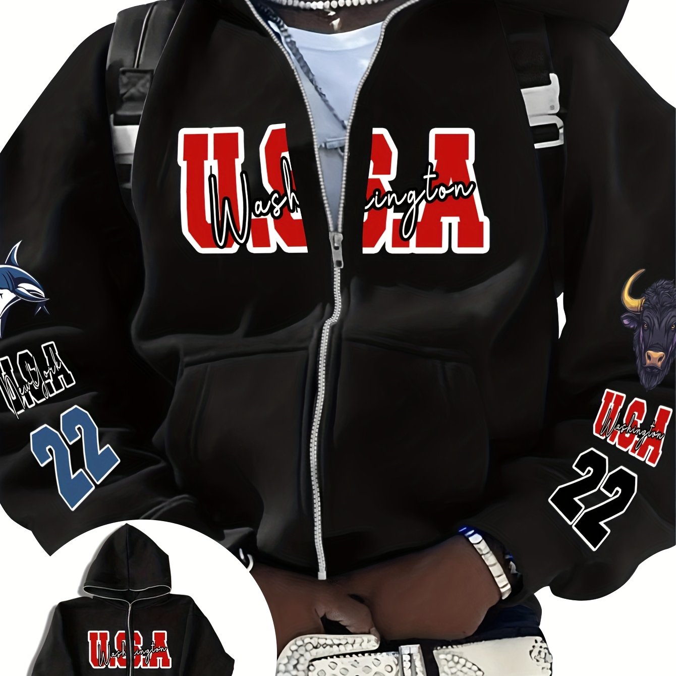 TEMU Men's Streetwear Full-zip Sweatshirt, Usa Theme, Animal Pattern With Number 22 Decoration, Red And Scheme, Black Hooded Style, American Trendy