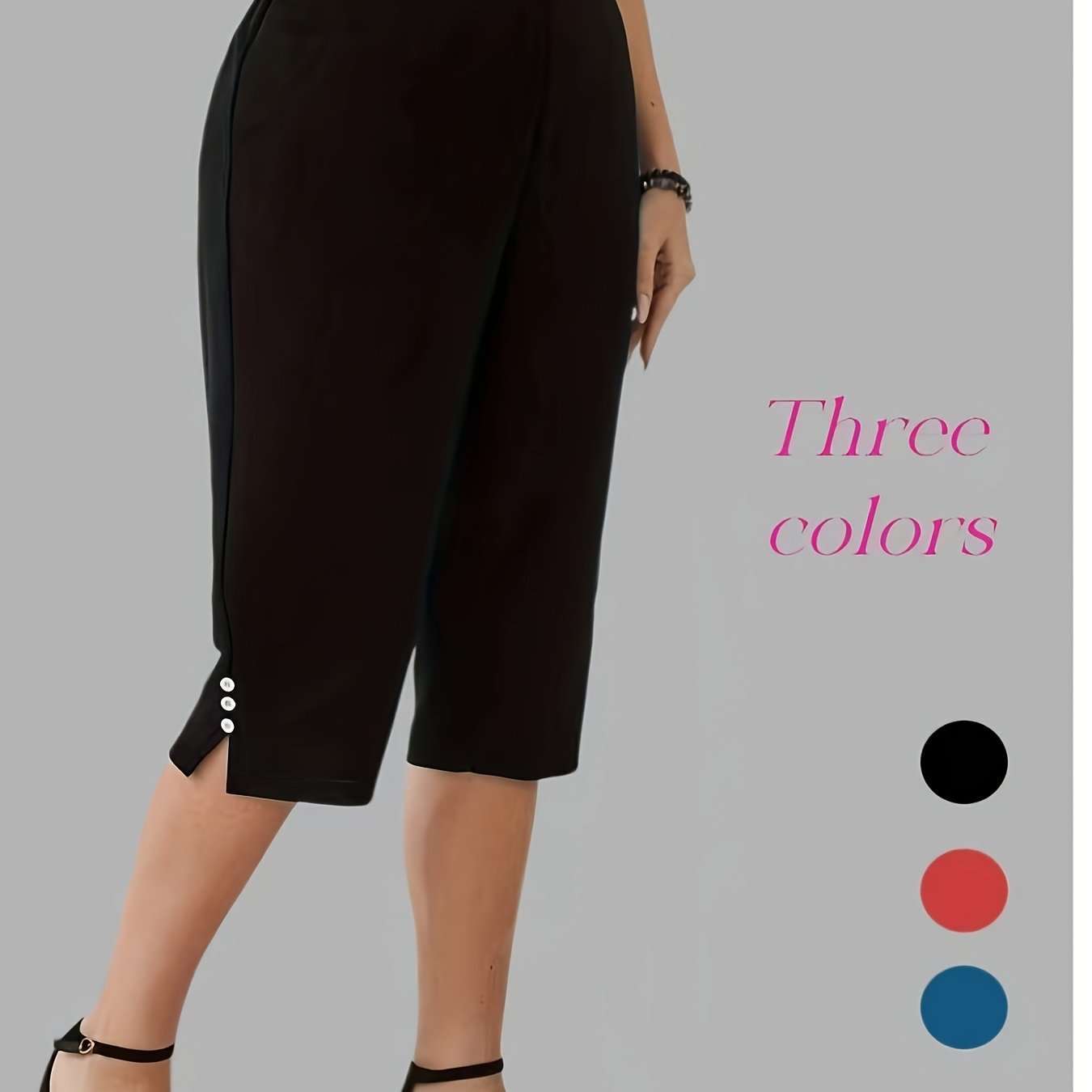 E-shop Damen-Caprihose in Übergröße, einfarbig mit Nietknöpfen Schlitz, Sommer-Damenbekleidung, schlichte Hose mit hoher Taille, Stretch geradem Bein,