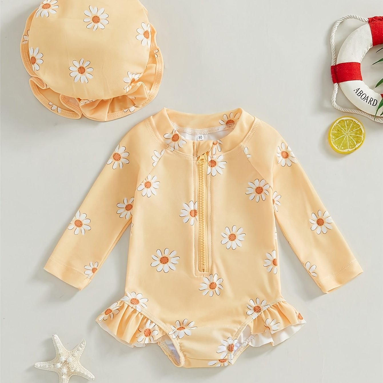 E-shop Mädchen Sommer Niedliches Blumen Langarm 1-teiliger Badeanzug + Bademütze 2-teiliges Set, Baby Mädchen Strandurlaub Bademode 2-teiliges Set