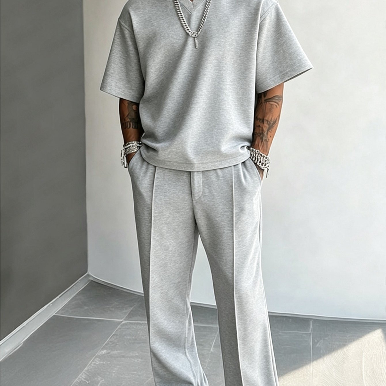 Summer Men's V-neck Solid Color Casual Wide-leg Pants 2pcs Set