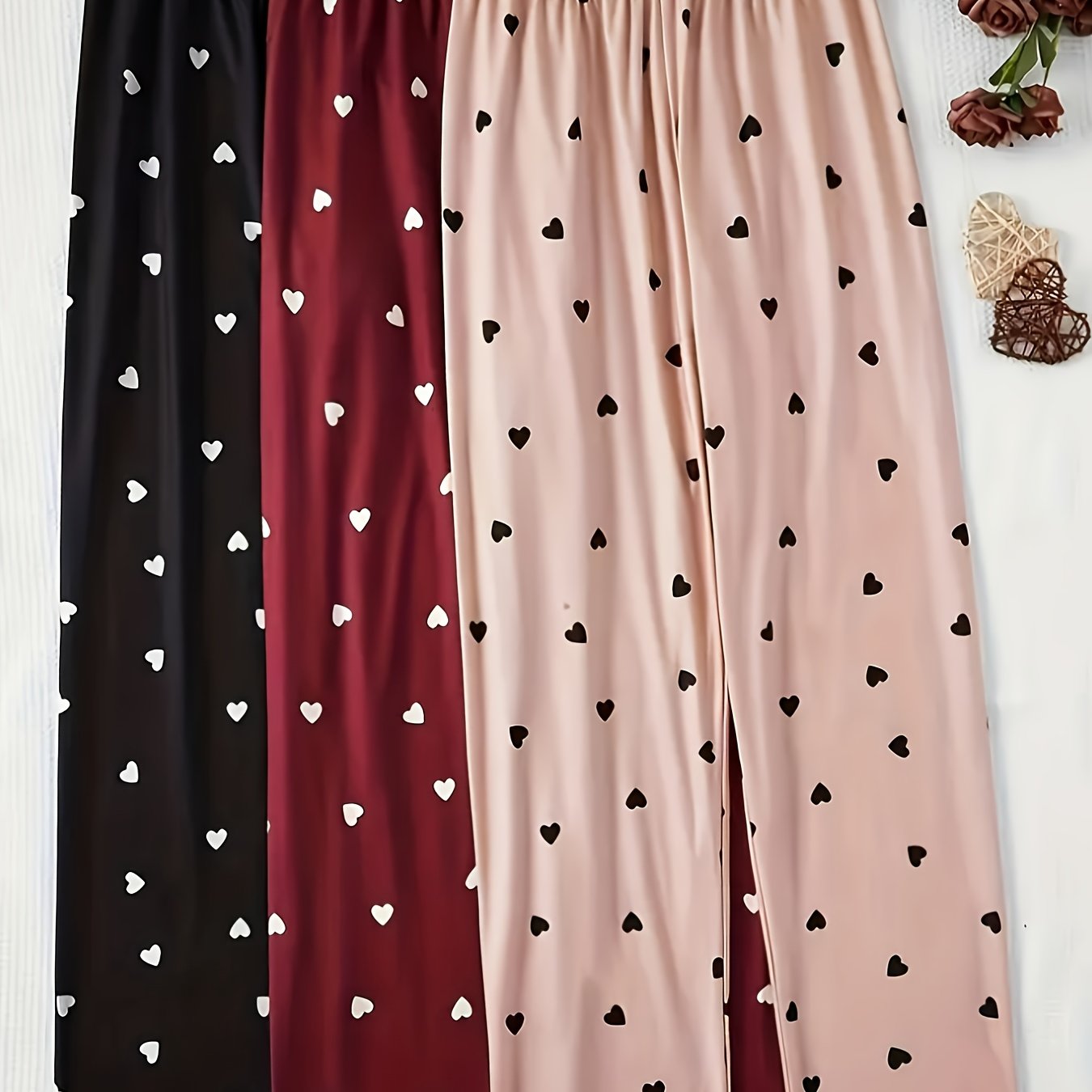 Plus Size 3-strip Pack Random Heart Print Women's Long Pants