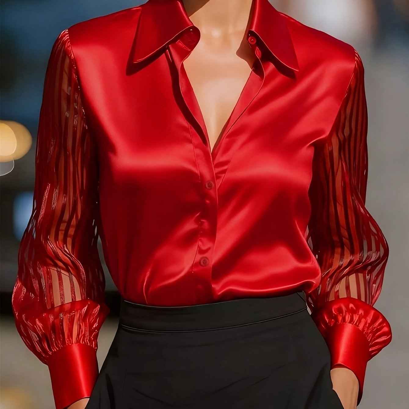 TEMU Spring And Summer Satin Mesh Mesh Sleeve Elegant Casual Top Blouse Shirt
