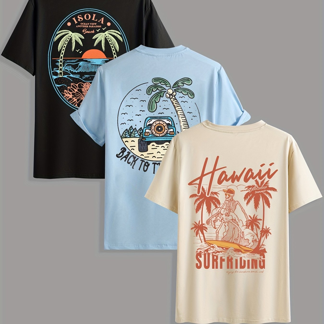 TEMU Men's Coconut Tree Round Neck Short Sleeve T-shirt, Suitable For Summer , Casual Versatile Short Sleeve 3pcs Set