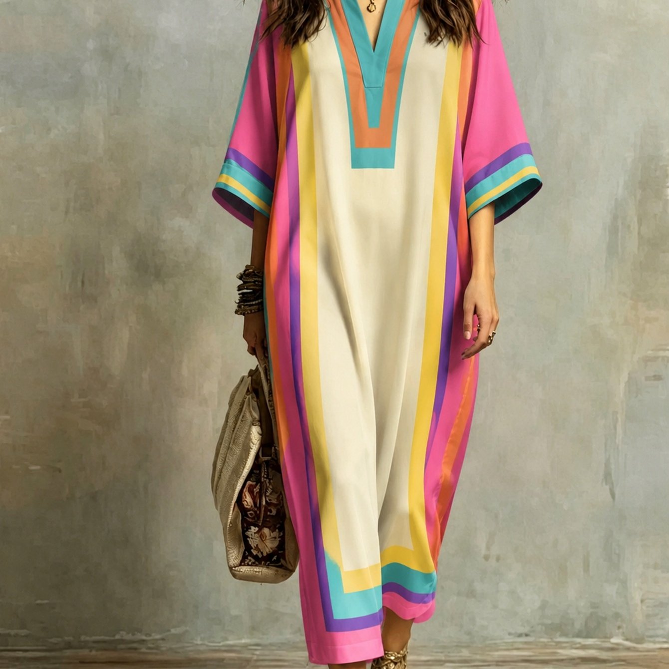 Image of Plus Size, Color Block Geometric Stripe Print Lapel -sleeve Loose Maxi Dress, Soft -friendly Casual Long Dress Perfect Gift Pick