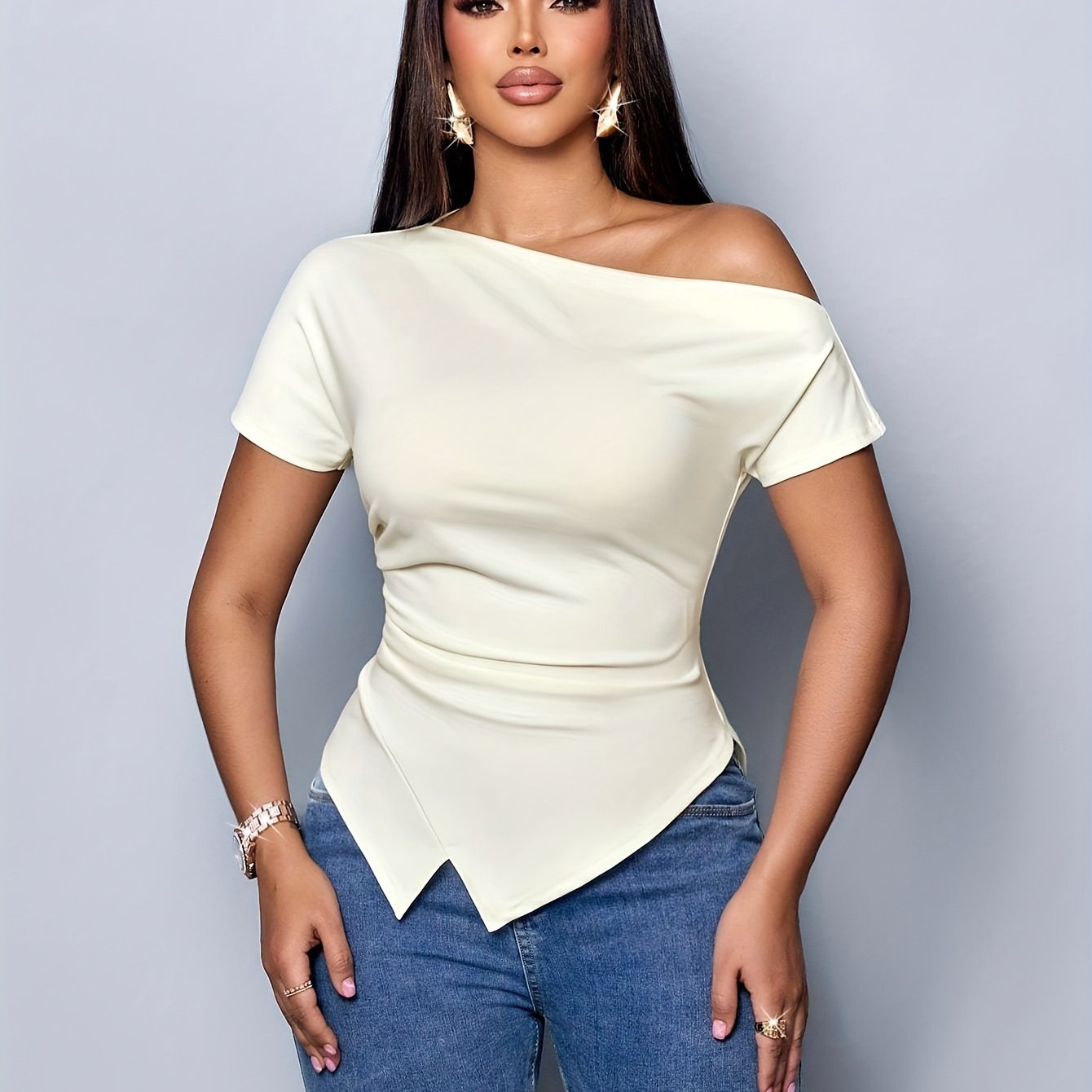 TEMU Women's Sexy Elegant T-shirt - Off-shoulder/one-shoulder Blouse With Asymmetric Hem, Stretchy Chic Top For Party, Office, Everyday -
