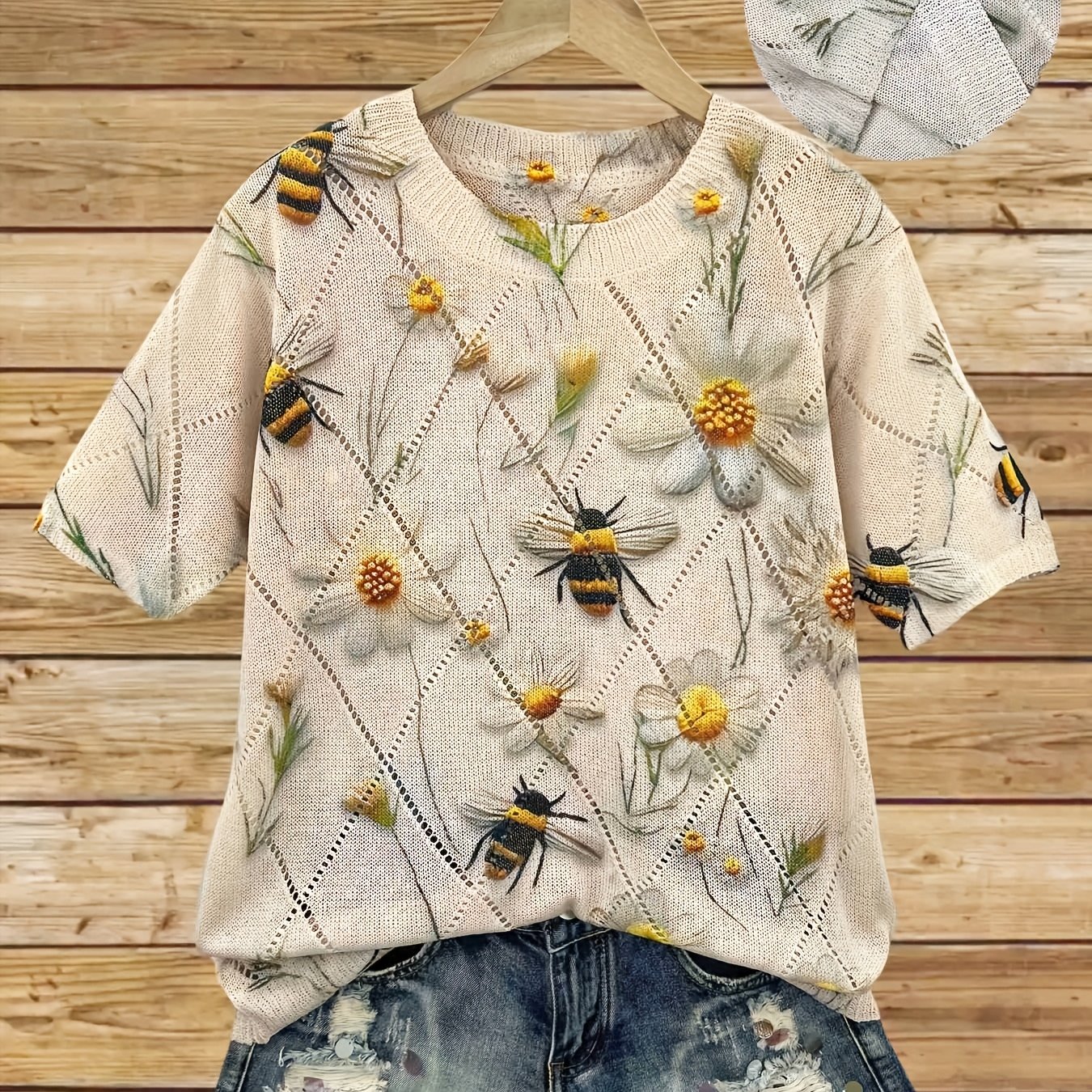TEMU Women's Elegant Bee & Floral Print Pullover - Semi-sheer Short Sleeve Round Neck Top With Geometric Cut-out Design, Breathable Spring/summer