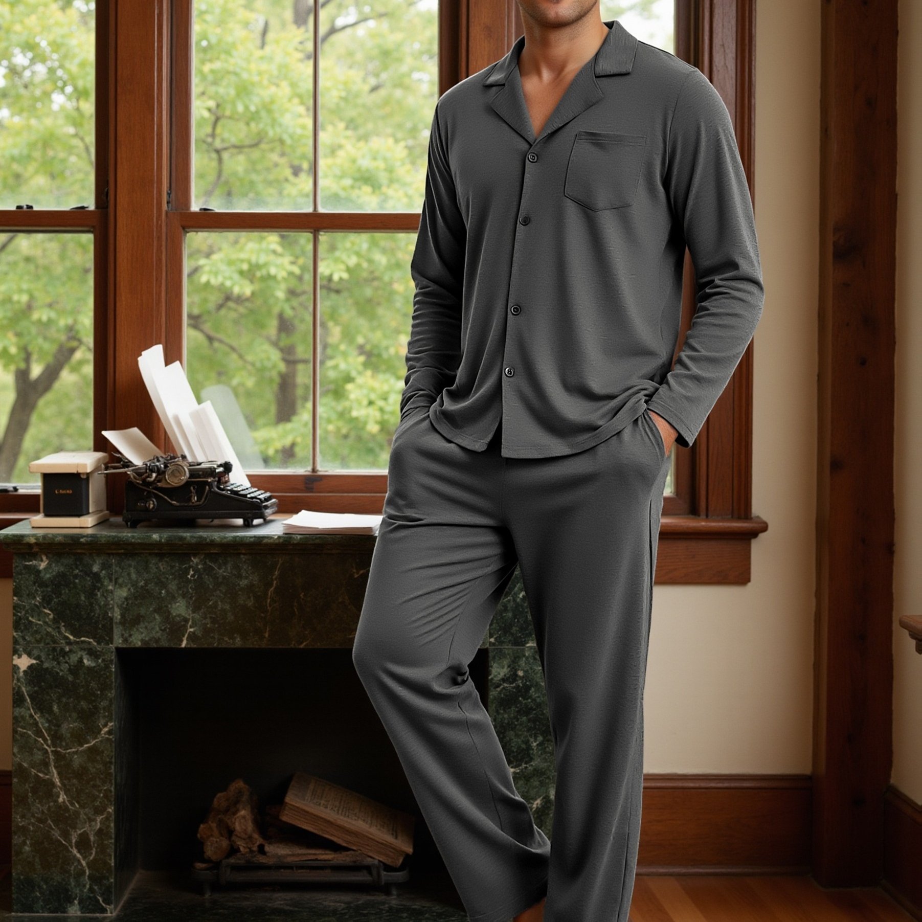 Men's Pajama Set Long Sleeve Button- Notched Collar Soft Sleepwear With Pockets Casual Loungewear