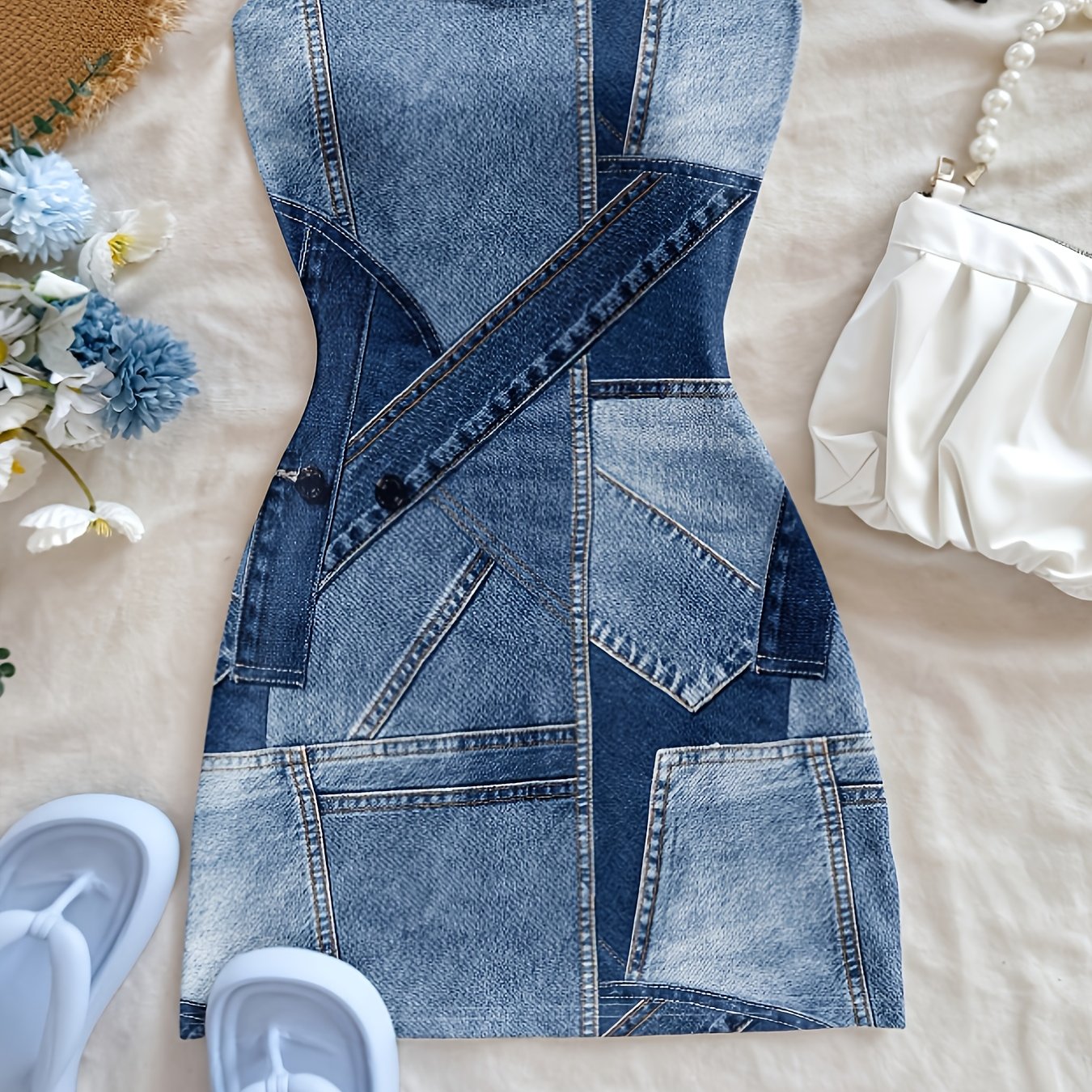 Siamese Cat Directional Print Denim Dress