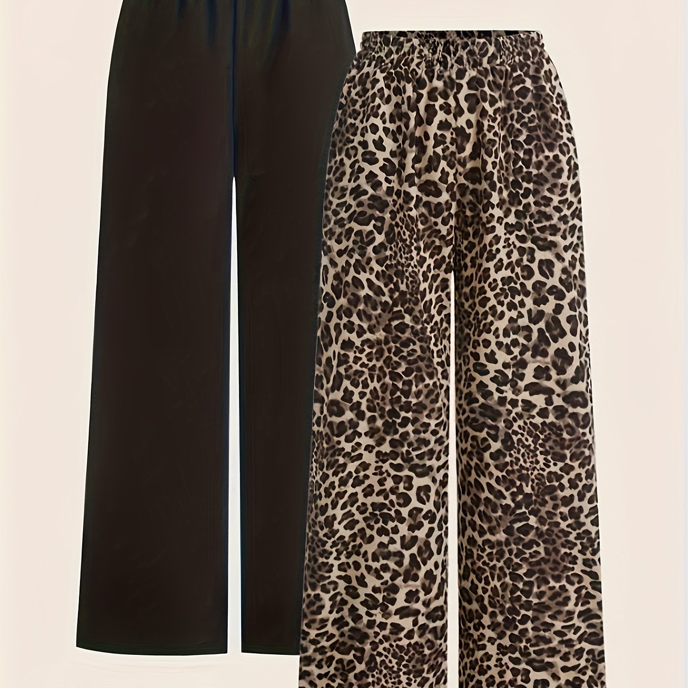 E-shop Frühlings-Damen-Set mit High-Waist-Wide-Leg-Hosen (Schwarz + Leopardenmuster), vielseitig