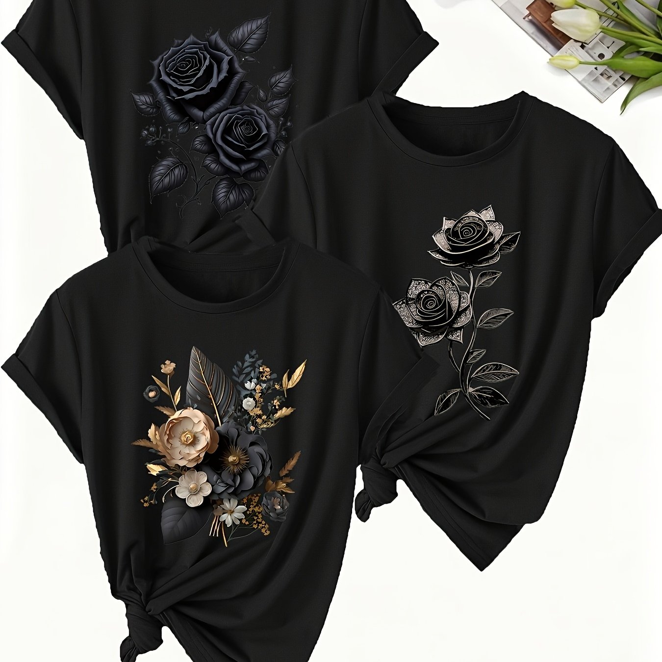 Image of Short-sleeve Crewneck T-shirts With Rose Pattern Prints, Casual Tops, Lightweight, Breathable, And Machine Washable, Women's Spring/summer Clothing