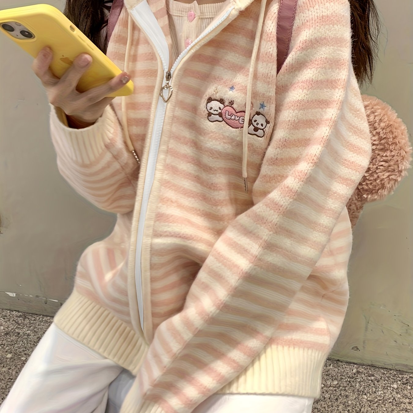 TEMU Japanese Sweet Striped Cardigan Zipper Hooded Soft Short Outfit Sweater Coat