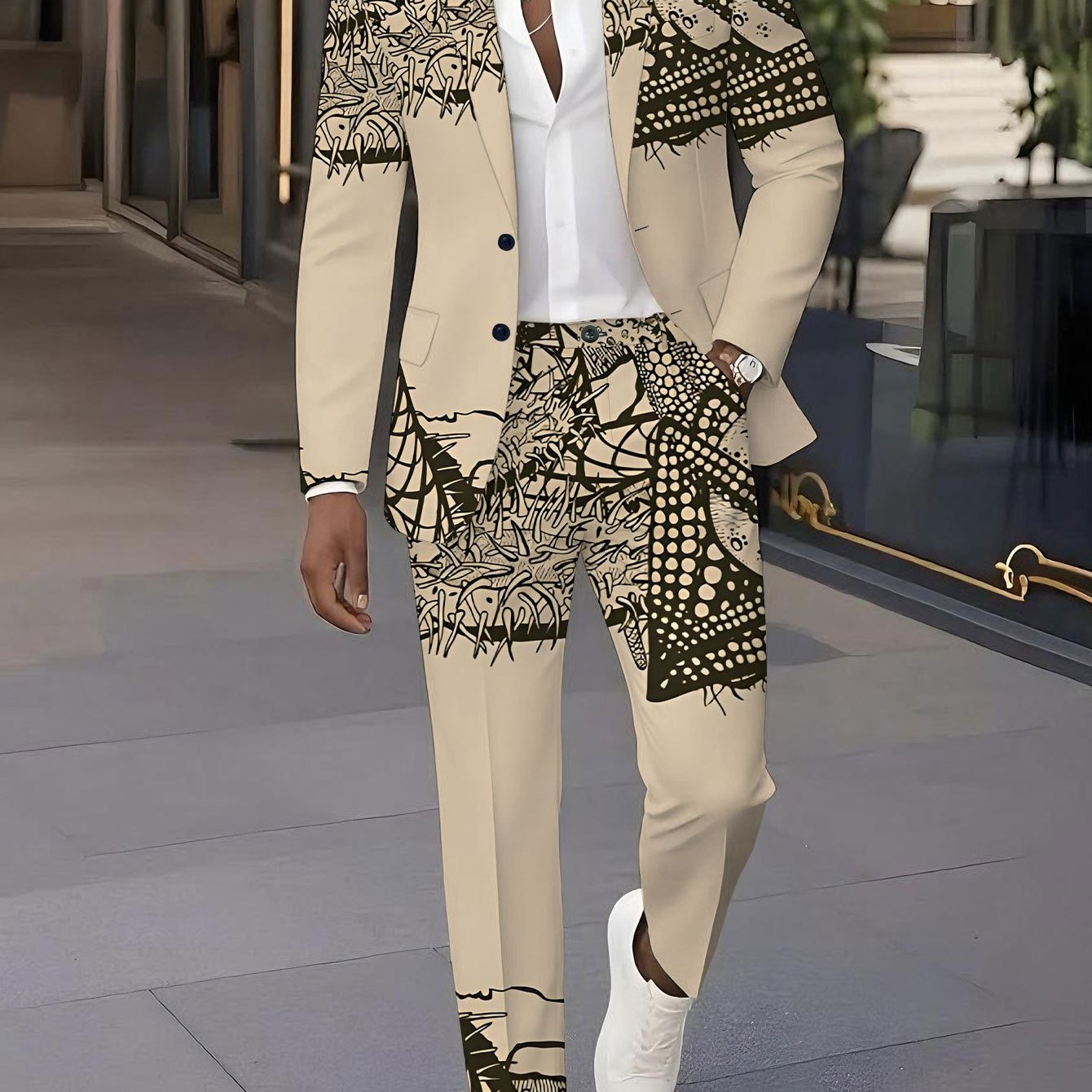 TEMU Ensemble Costume Homme avec Impression Numérique, Comprenant un Blazer Tendance Imprimé et un Pantalon , Parfait pour les Banquets , et Fêtes,