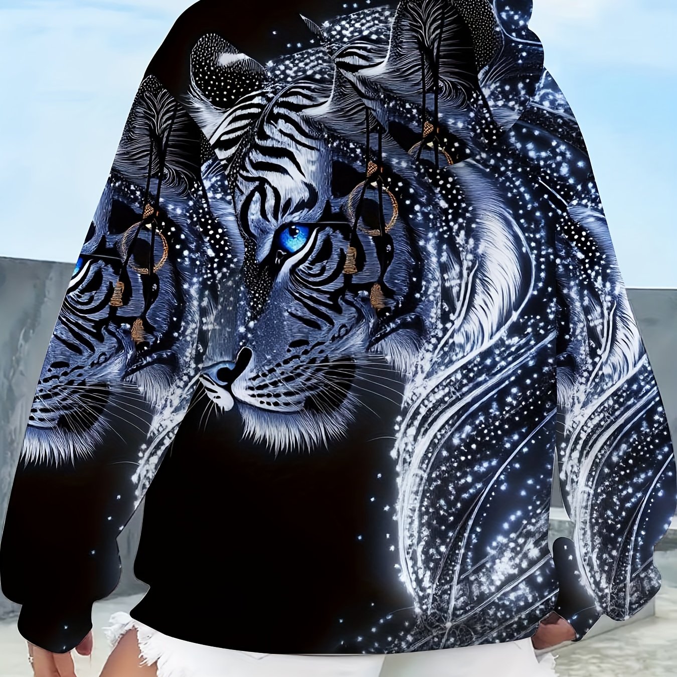 TEMU Plus Size - All-black And Print Pullover Sweater, H-line Silhouette With Drawstring Hood And Pockets, Machine Washable , Casual Winter Wear