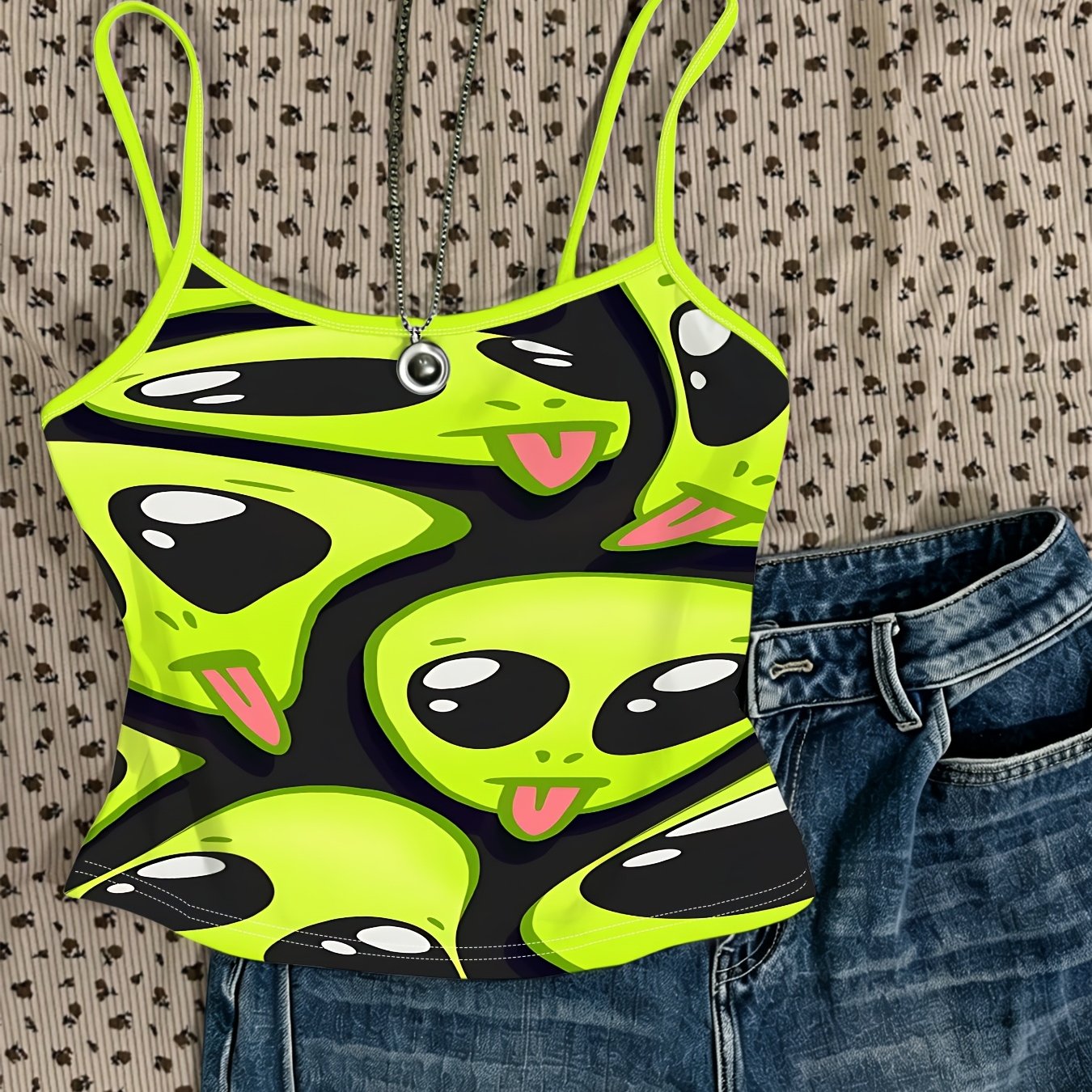TEMU Fluorescent Green Cartoon Pattern Camisole, Women's Slim-fit Printed Top, Summer Fashion Trendy Outfit