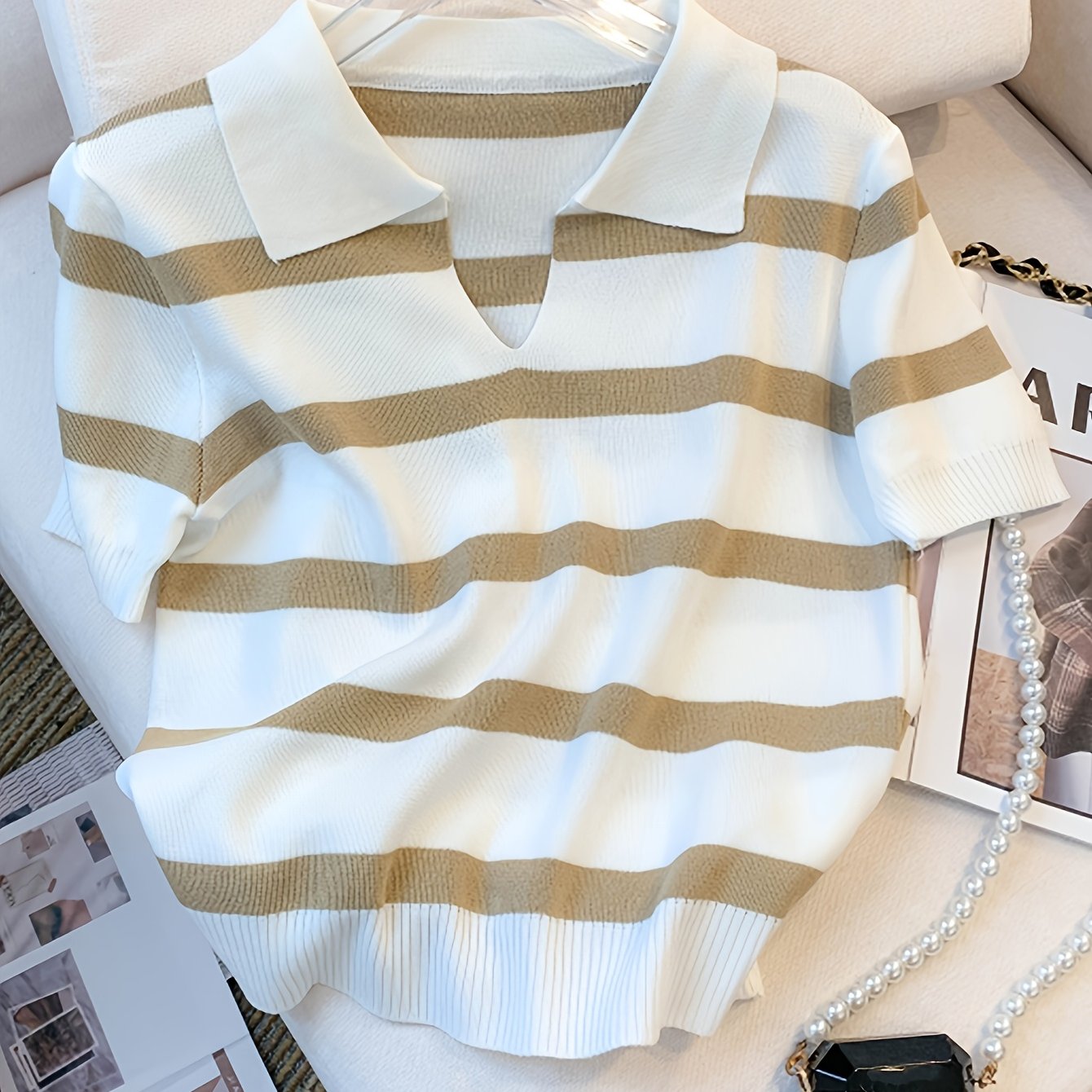TEMU European And American Spring/summer Contrast Stripe Lapel Short-sleeve Top
