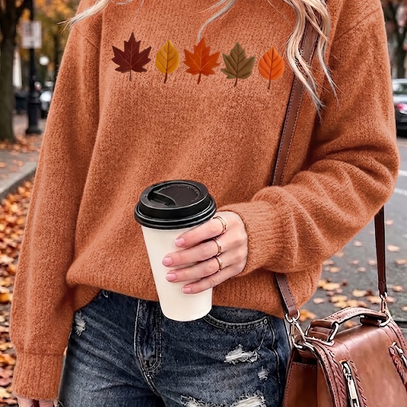 TEMU Maple And Ordinary Falling Leaves Pattern Autumn Winter Beautiful Elegant Fashion Women's Sweater Thickened Soft Warm Cute Wearable Ladies