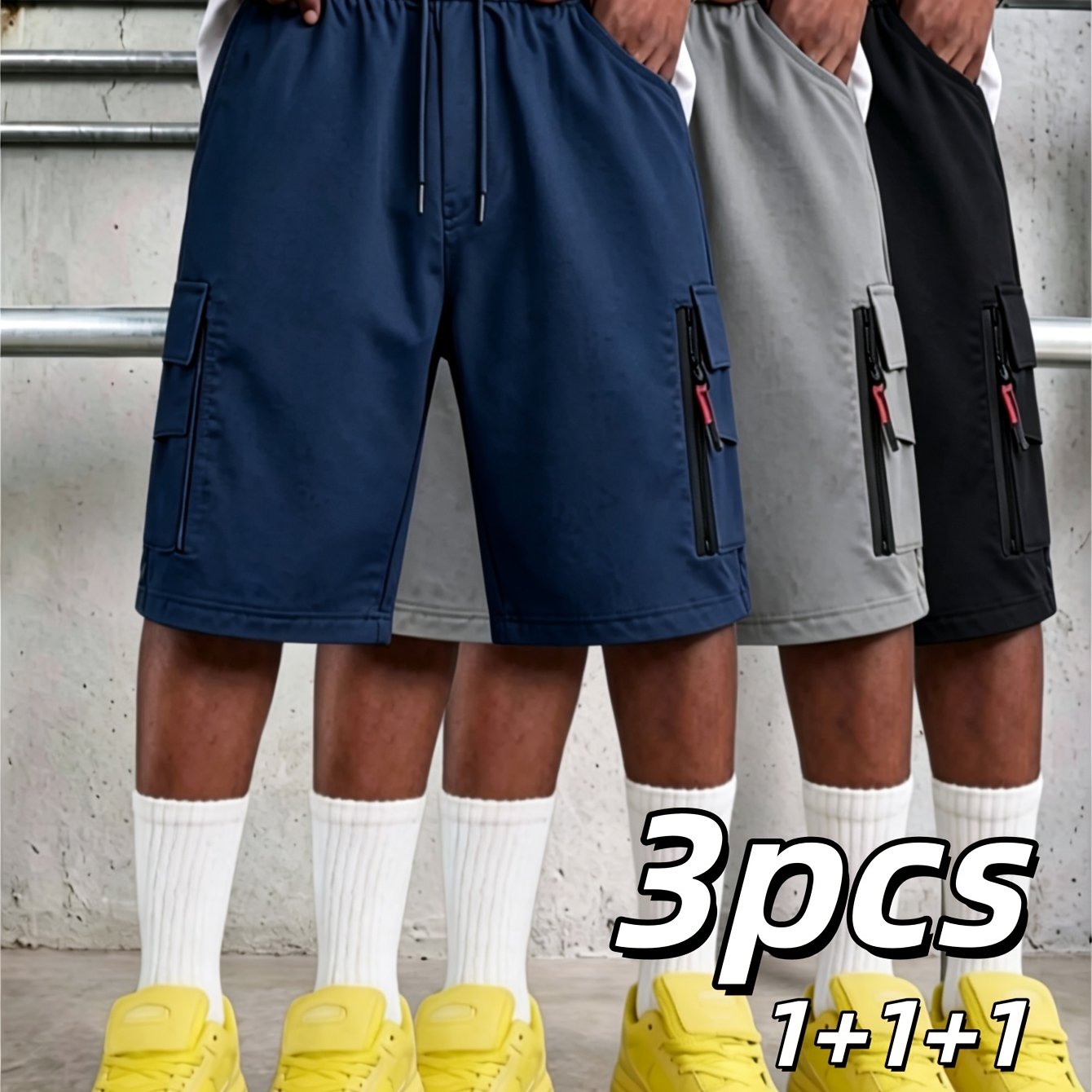 TEMU 3pcs Men's Quick Dry Cargo Shorts, Elastic Drawstring Zipper Multi Pocket Casual Work Shorts, Lightweight Breathable Shorts For Outdoor Travel