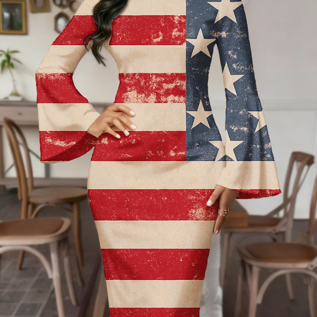 Image of Plus Size, Large Women's American Flag Dress - Patriotic -line Dress With Round Neck, Machine Washable Suitable For 4th Of, Day Parties, Casual Wear, Loose Fit Mid-length Dress