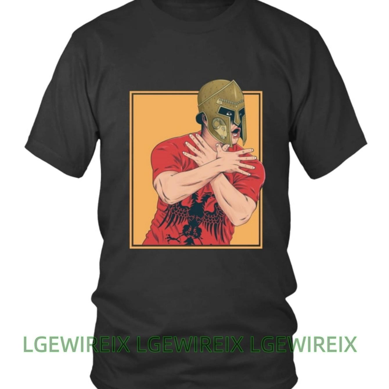 Image of Men's Eagle Spartan Helmet Graphic T-shirt | Red & Golden Ancient Greek Warrior Design, Breathable Round Neck, Short Sleeve, Casual Tee For History & Sports Fans, Wear