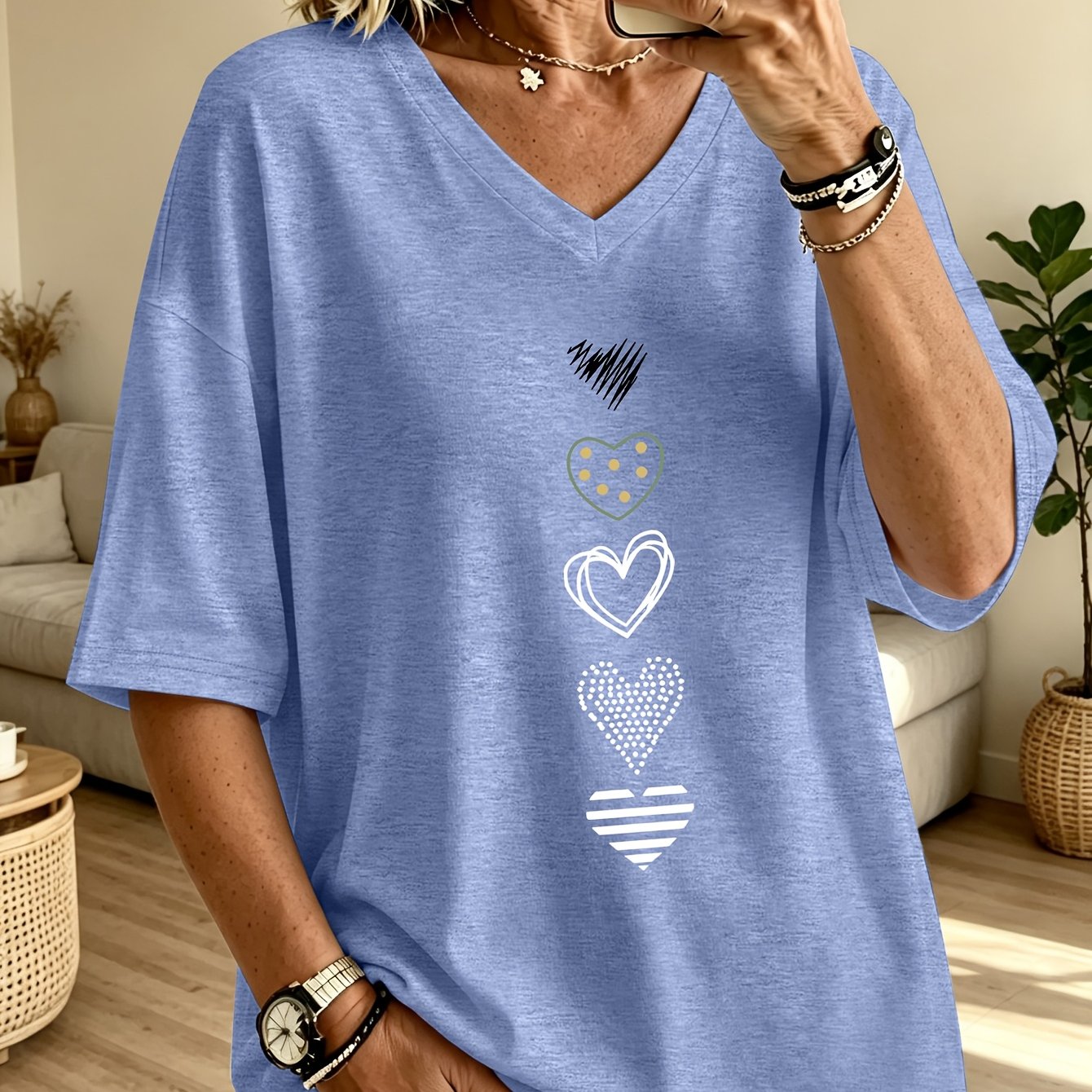 TEMU Plus Size, /summer Plus Size Women's Fashion Polka Dot And Stripe Hollow-out Heart Combination Print Loose Drop-shoulder Half-sleeve T-shirt,