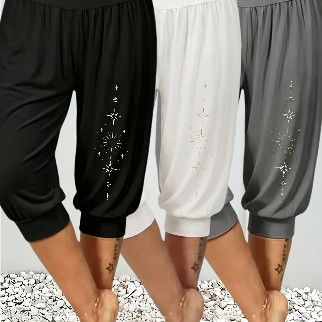 TEMU 3pcs Set Of Women's European And Comfortable Loose Harem Pants, Trendy High-waisted Printed Pattern Cropped Pants, Joggers, Casual Pants, Sports