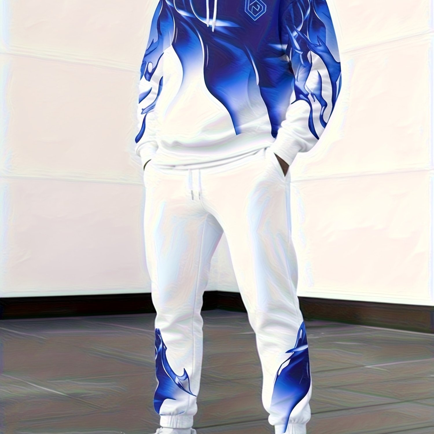 Image of Urban Style Asymmetrical Blue Flame Graphic Men's Casual Outfit 2 Piece Hoodie And Pants Set Men's Clothing Trendy Stylish Set Weekend Wear Daily Outfit Birthday Gift For Boyfriend