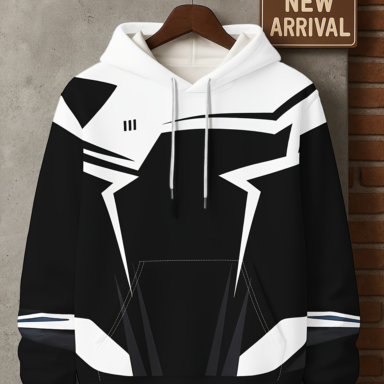 TEMU 3d Men's New Long Sleeve Casual Hoodie, Irregular Graphic Black And White Pattern Print, Casual Sweatshirt Print Hoodie Fashion Hoodie Fashion