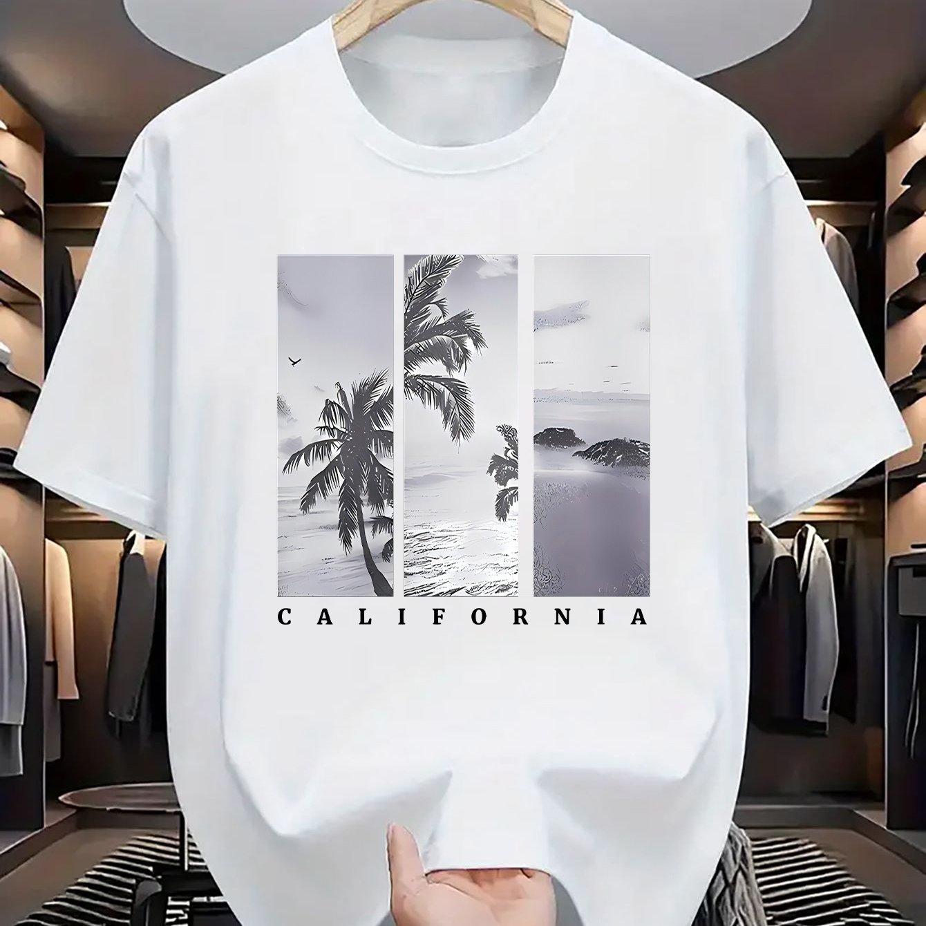 TEMU メンズ カリフォルニア パームツリー プリント Tシャツ - 半袖 カジュツ ココナッツツリーデザイン レギュラーフィット ビーチウェア 日常着 オール対応 洗濯機対応 トップ