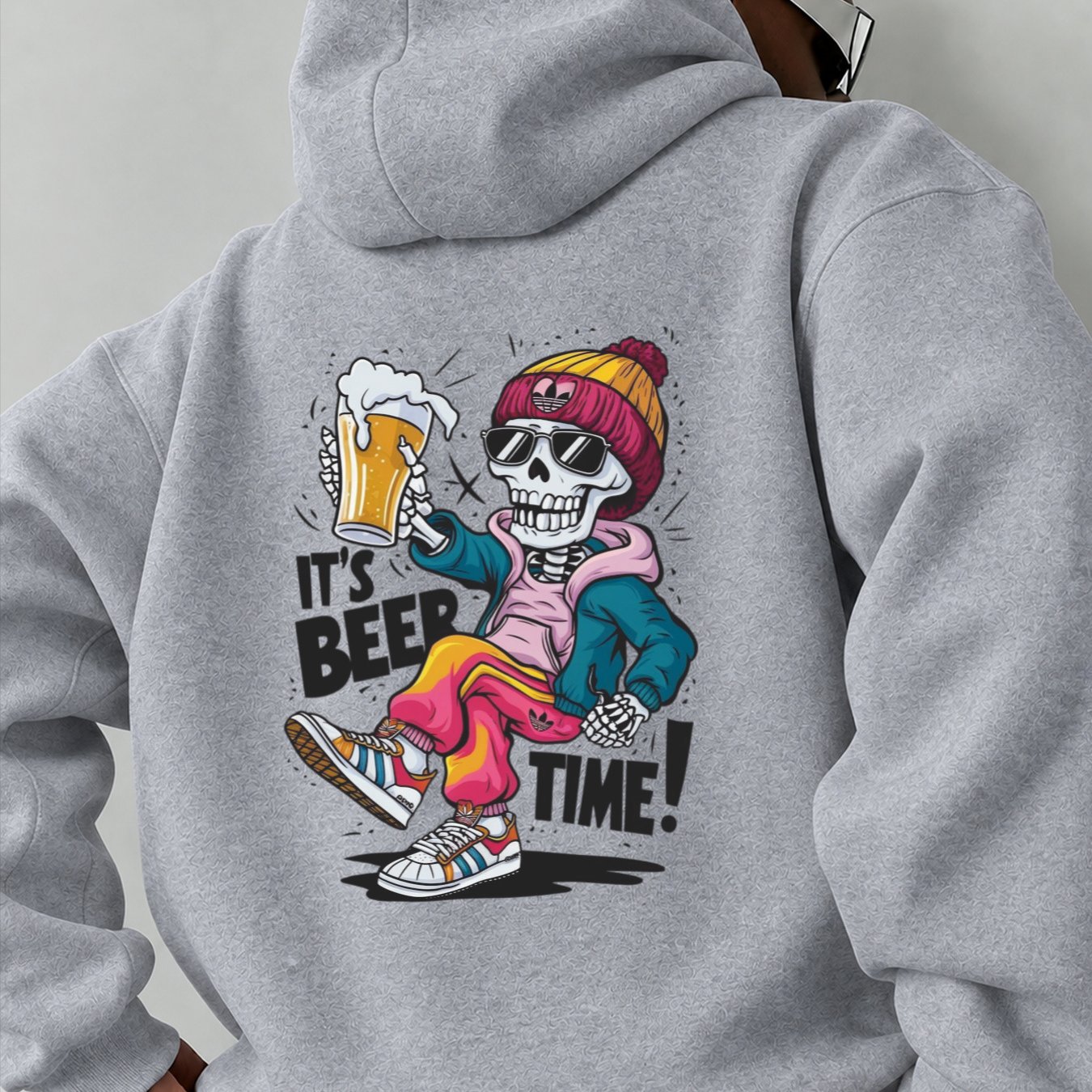 Image of Autumn Winter New Fleece Casual Fashion Sports Hoodie Unisex Loose Fit Warm Comfortable Skull Holding Beer Cup Beer Time Colorful Text Humorous Street Style Personalized Daily Wear Trendy Daily