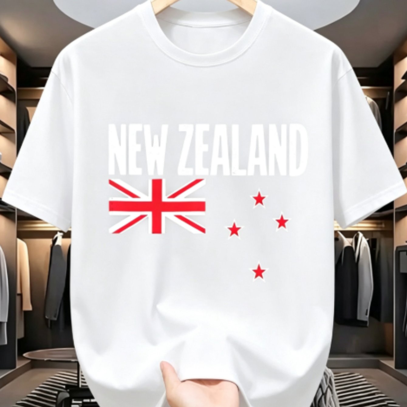 TEMU Men's New Zealand Flag T-shirt - Casual Crew Neck Short Sleeve Tee With Nz National Emblem Print, Lightweight Summer Top, Regular Fit Suitable