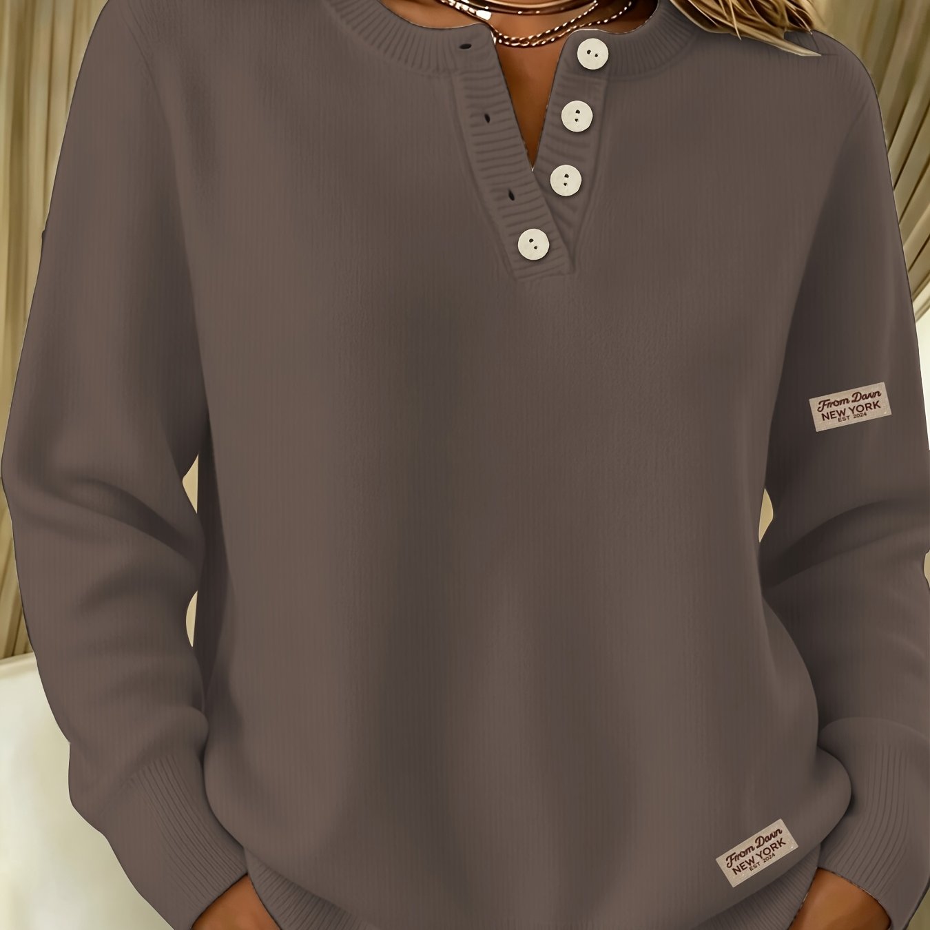 TEMU Women's New Fashionable Half-button Sweater, Featuring A Round Neck And Long Sleeves, With A Beautiful Printed Design. A Stylish, Trendy, And