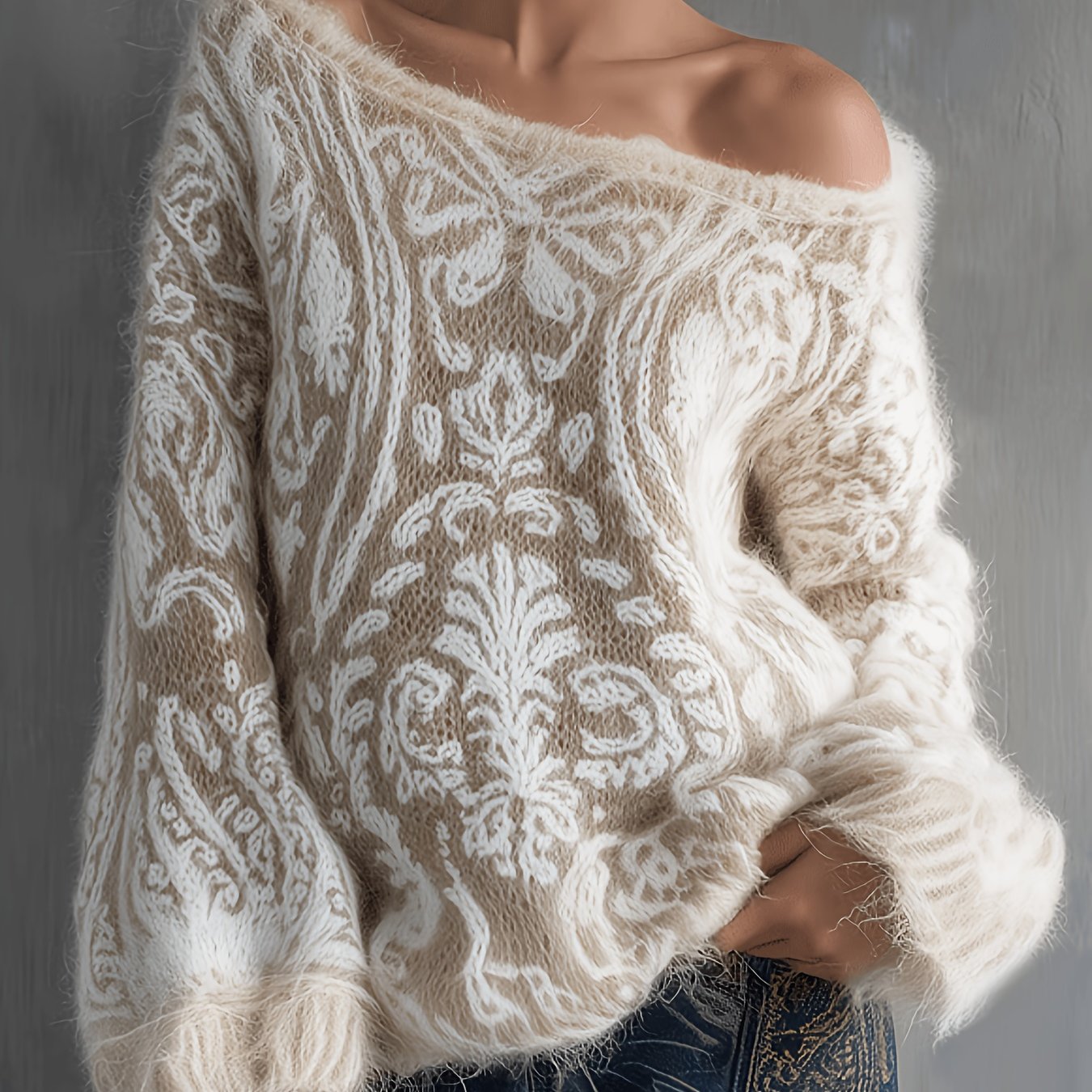 TEMU Pull en peluche à fleurs, manches longues et épaules dénudées [ASD1]