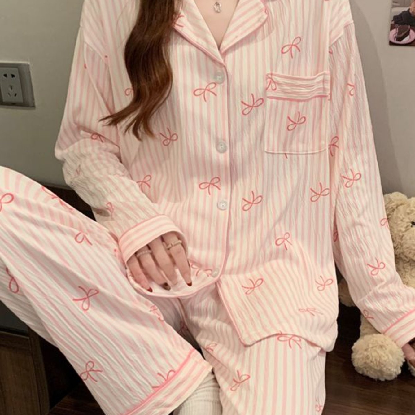 TEMU Pink Gentle And Women's Pajamas With Bow Tie, Striped Print, Casual And Fashionable, Dopamine Harajuku , Artistic Aesthetic, Romantic Design, Printed Loungewear, New 2025 Spring And , Fabric