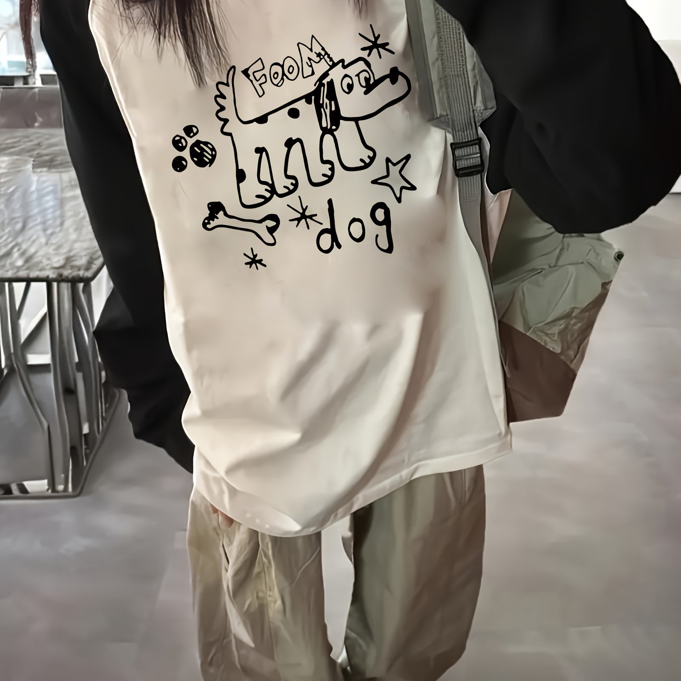 TEMU 여성용 캐주얼 기하학 프린트 & 모티베이션 슬로건 라운드넥 래글런 소매, 루즈핏 한국-일본 스타일 봄/가을용 긴팔 티셔츠, 세탁기 사용 가능