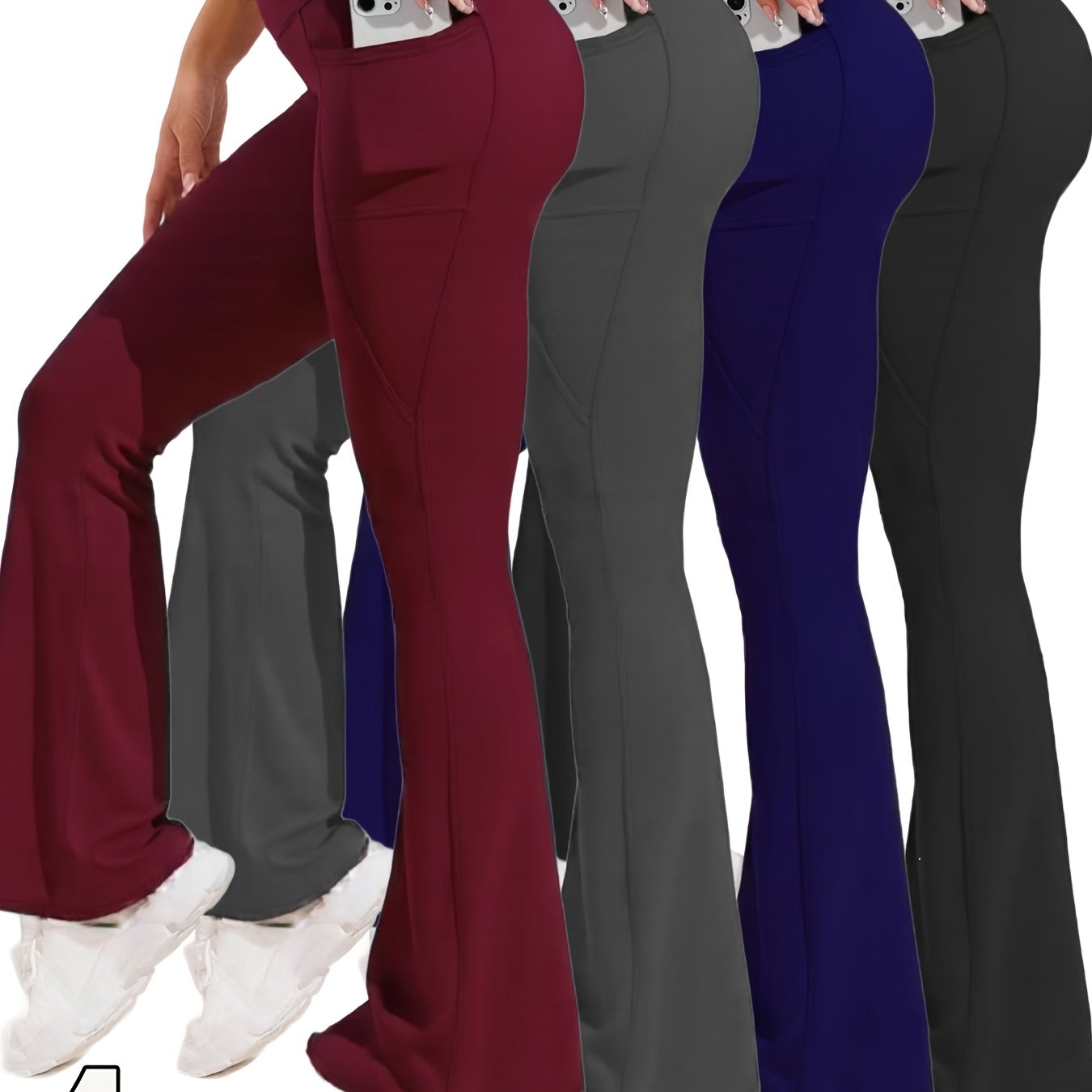 TEMU 4pcs (4pcs) High-waisted Tummy Control Wide-leg Flared Pants - Tummy-control Suitable For &, Loose Straight Leg Trousers With Pockets, Elastic