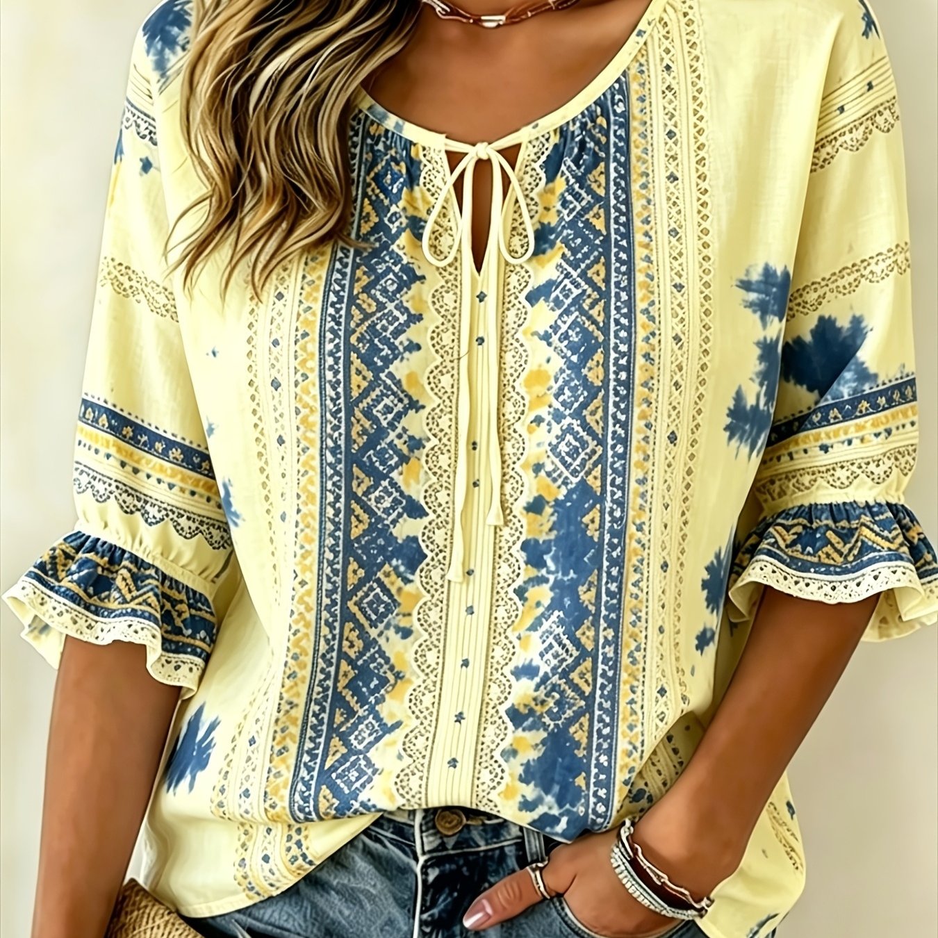 Image of Plus Size, Bohemian Style Tie-dye Geometric Print Women'-quarter Sleeve Ruffle Tie Shirt
