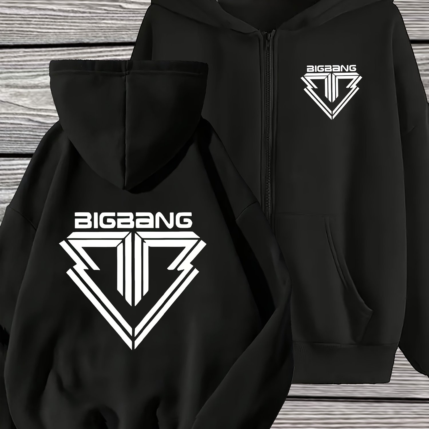 TEMU Single-piece Women's Zip-up Hooded Jacket With "bigbang" Geometric-pattern | Casual, , Comfortable And Versatile, Machine Washable, Ideal For