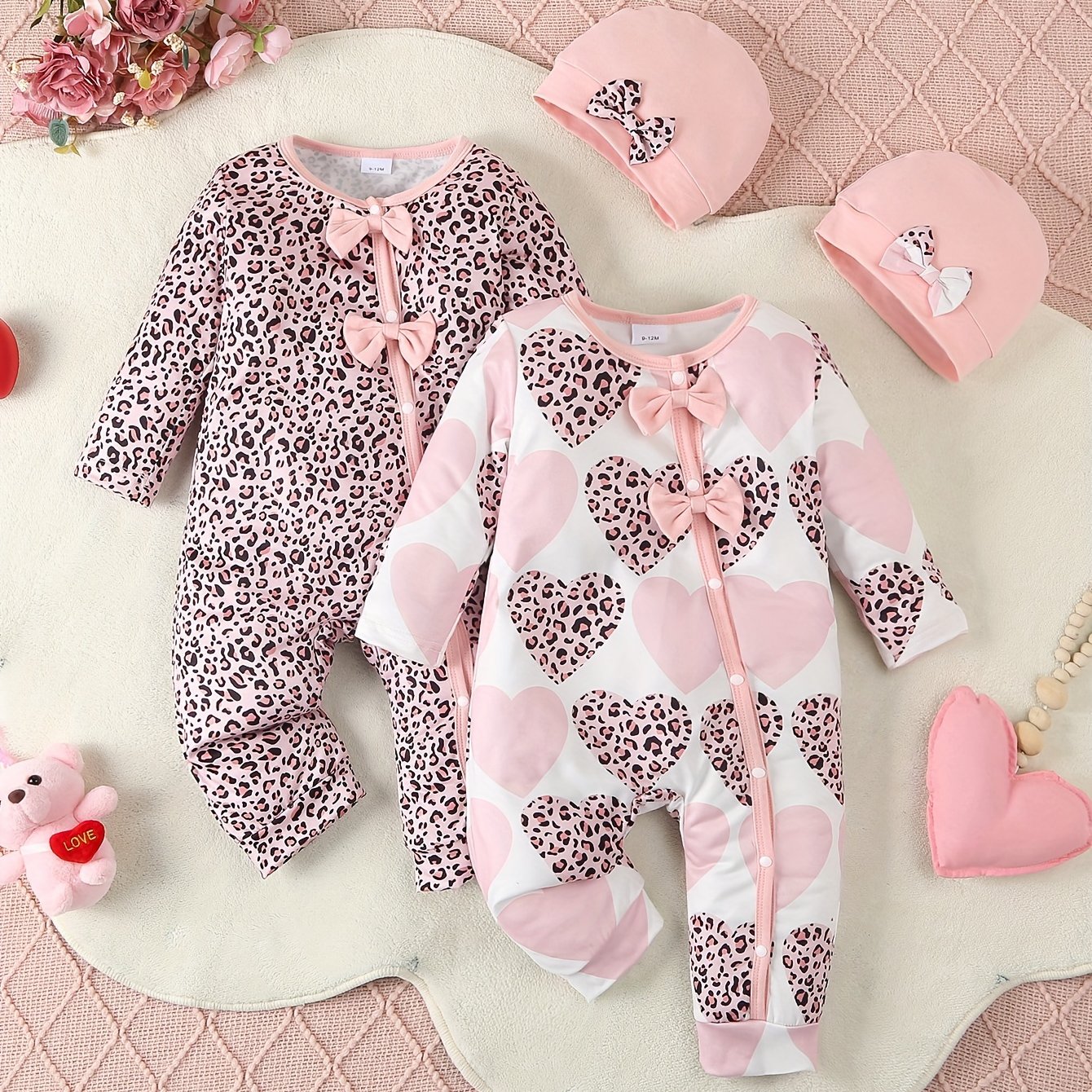 Image of 4pcs Girls' Spring/autumn New Leopard Print Romper With Chest Bow Tie Straps And Hat, Casual And Cute Set, Perfect For Outdoor