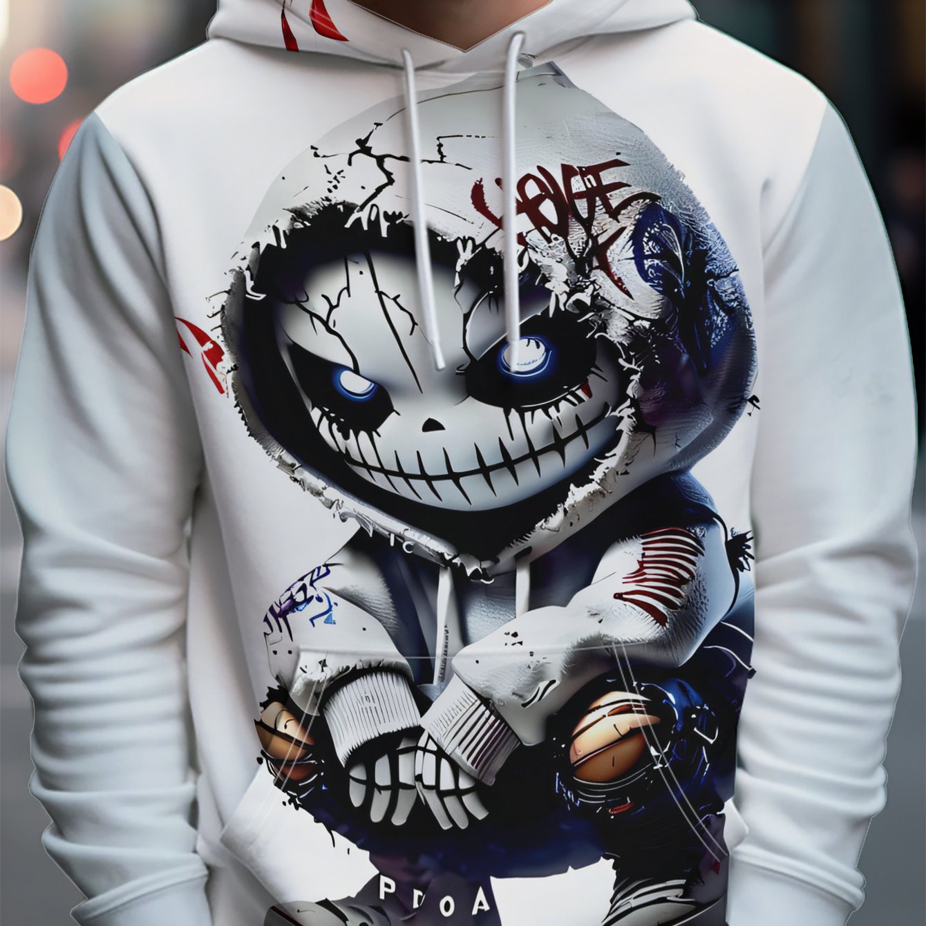 TEMU Sudadera con capucha de streetwear para hombre con una muñeca esqueleto sentada en una sudadera rasgada con ojos brillantes - Llena de , en de