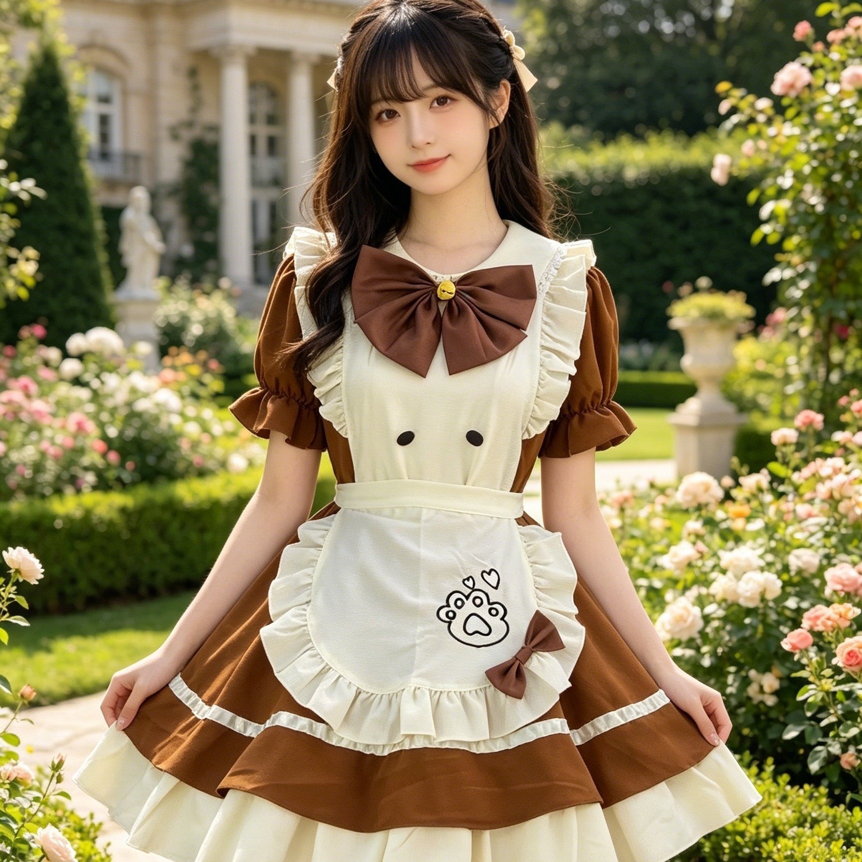 TEMU レディース 大人用メイドコスチュームドレス 猫柄エプロン付き - 半袖 フリル裾 フィットボディス＆フル丈 ・テーマパーティー・ロールプレイ向け衣装 ブラウン