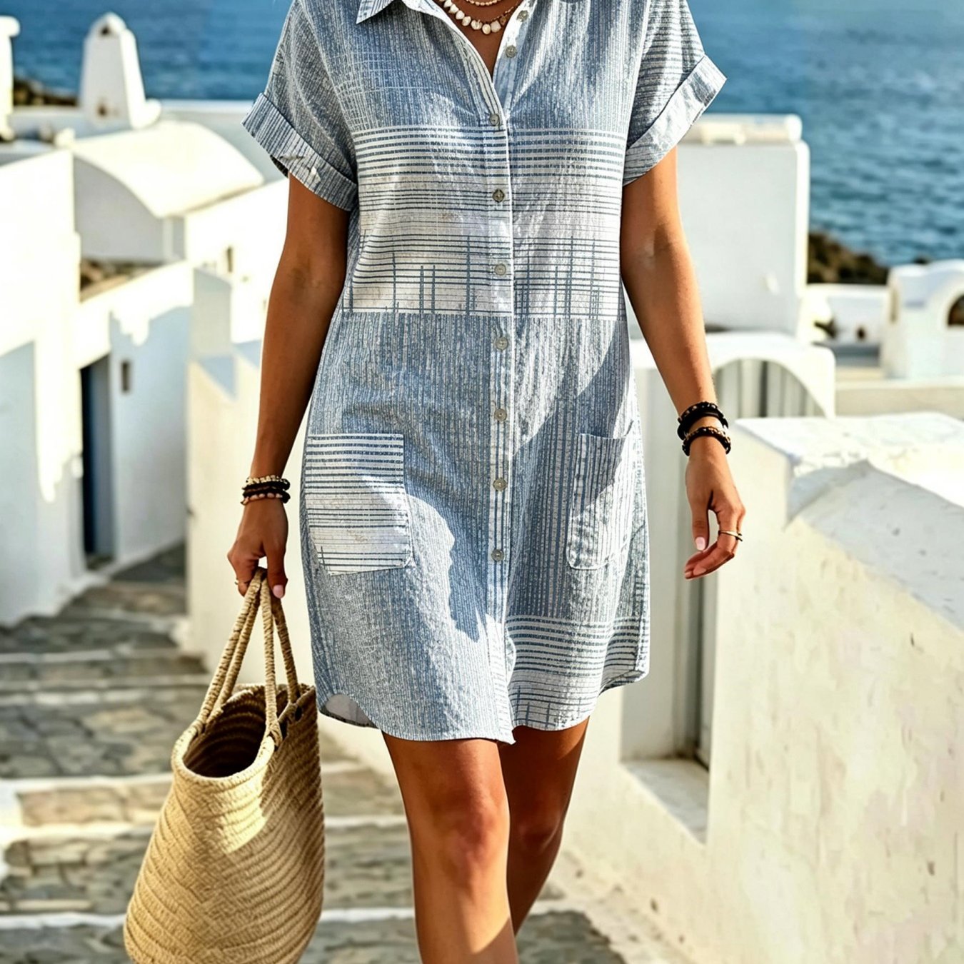 Women's Summer Shirt Dress Blue White Stripe Check Elegant And Sophisticated Suitable For Button- 2 Pockets Machine Washable Perfect For Vacations Casual Wear Casual Attire Or As A Gift