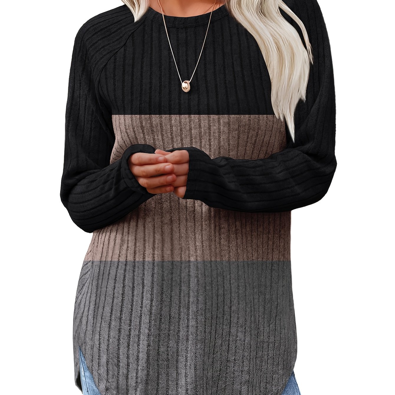 TEMU Women's Fashion Top Autumn Winter Long Sleeve Block Pullover Loose Elegant Round Neck Thin Knitwear