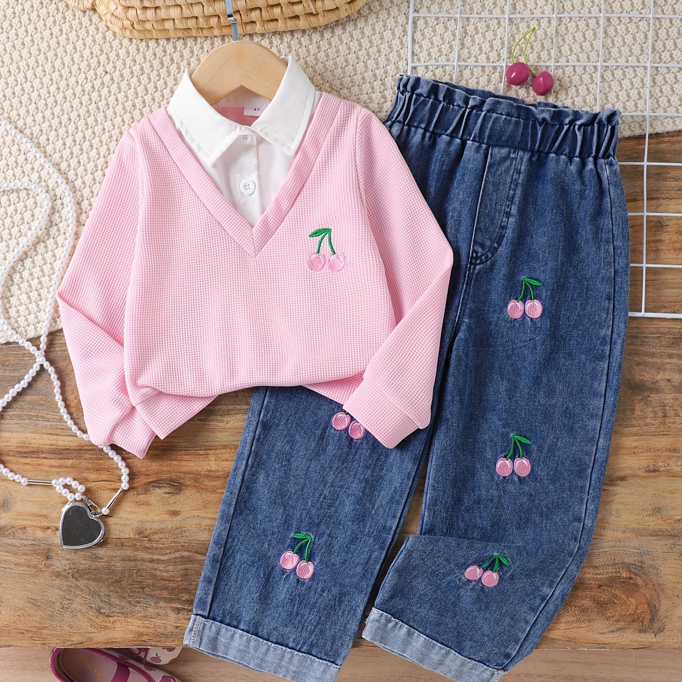 Image of Spring Girl Fashion Sweet Pink Cherry Waffle Two-piece Jacket And Cherry Pattern Trousers 2pcs Set, Show Lovely Feeling, , Suitable For , Travel, Vacation Travel, For Outdoor