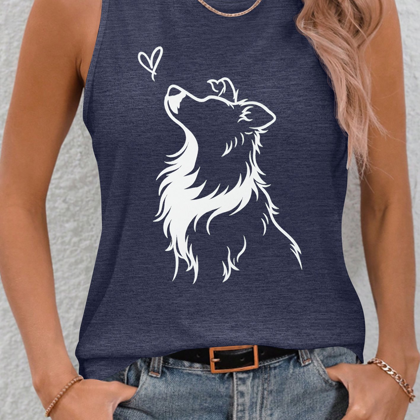 TEMU Vacation Clothing Walk Certainty Women's Sleeveless Vest Border Collie Heart Silhouette Retro Print Summer Casual Wear Top For Work Pet Cute