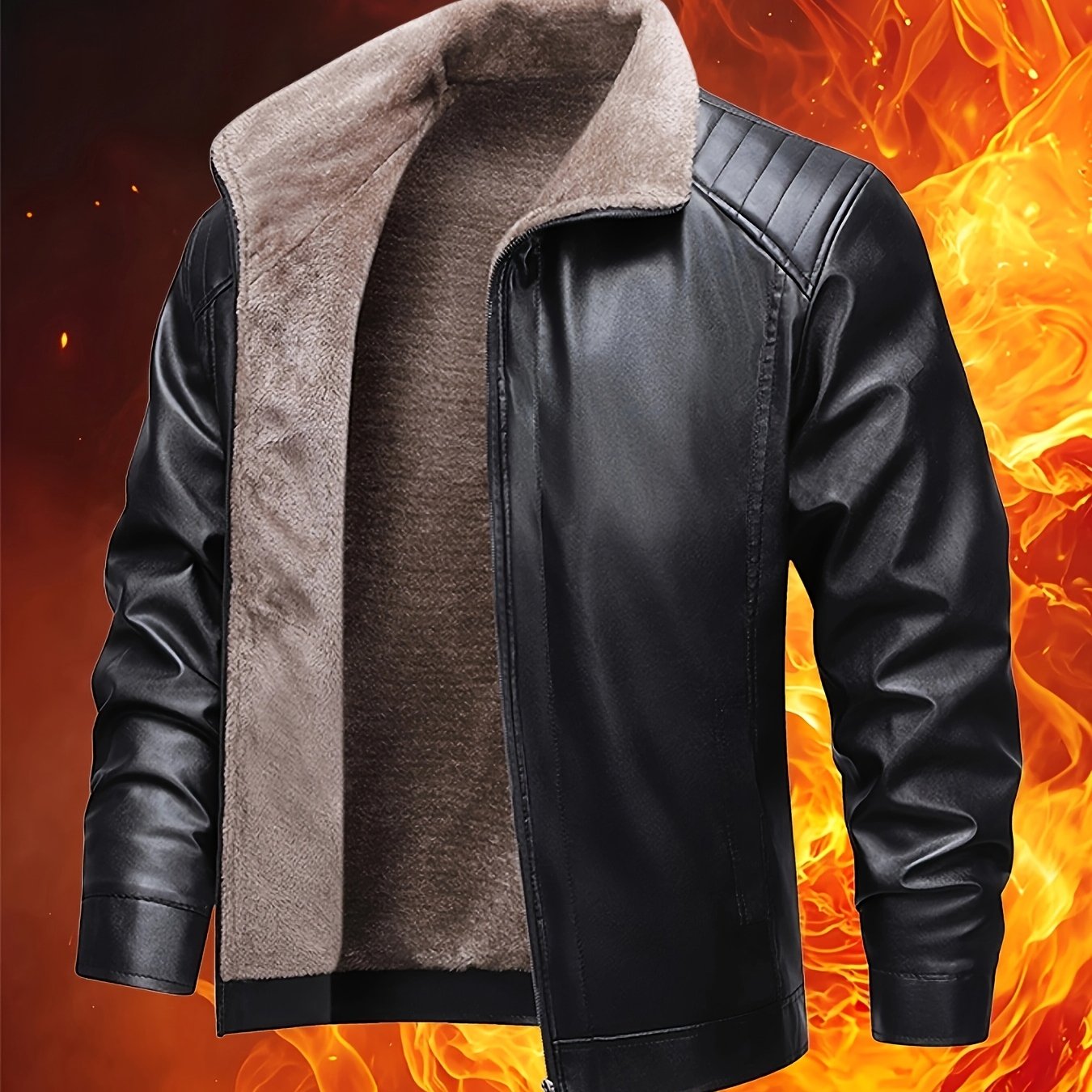TEMU Men's Fleece-lined Jacket, Winter Thickened Lamb's Lining, Stand Collar Zipper Motorcycle Riding Jacket, Windproof And Warm Casual Outerwear,